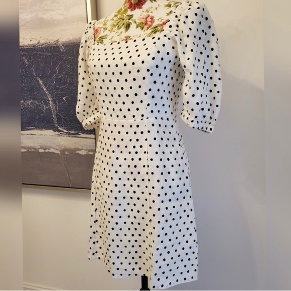 NWT Farm Rio 100% Linen Black & White Polka Dot Puff Sleeve Smocked Back Dress - Picture 8 of 10